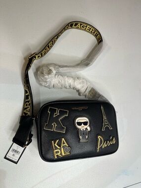 Karl Lagerfeld Black Crossbody Bag with Gold Accents and Logo Patches